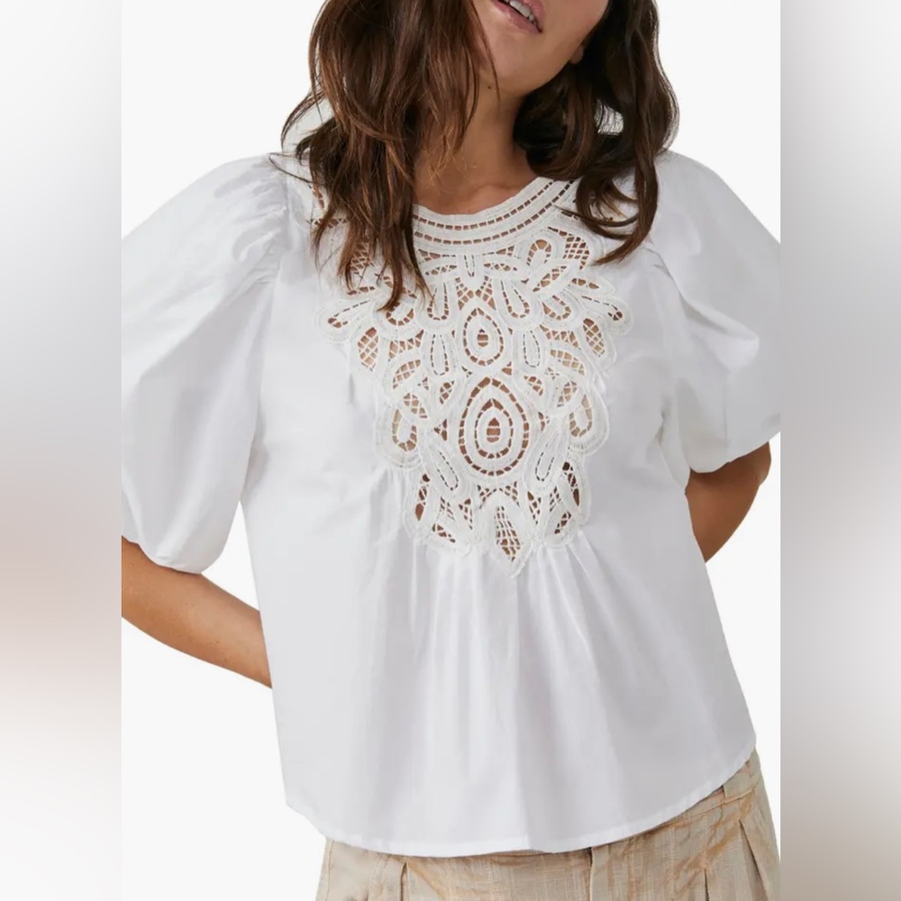 FREE PEOPLE Lace Puff Sleeve Top, White, Size Large